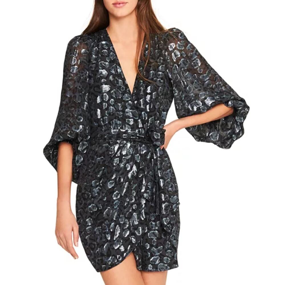 Ba&sh Women's Mini Dress Ginger Puff Sleeves Wrap in Black-Silver Size M $495